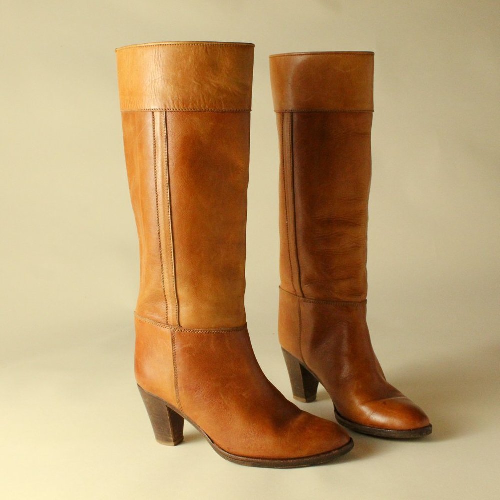 Vintage Whiskey Tan Leather Knee High Riding Boots